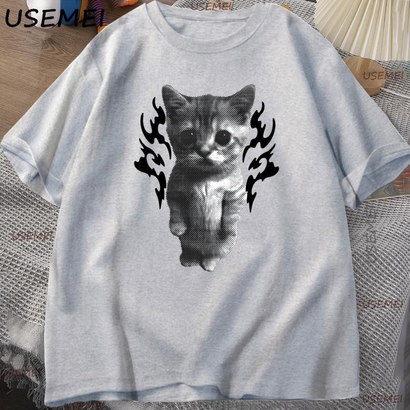 Y2K Goofy Cat Meme T Shirt 90s Vintage Cotton Short Sleeve Tshirt Streetwear Round Neck T Shirt Causal Oversized Clothing