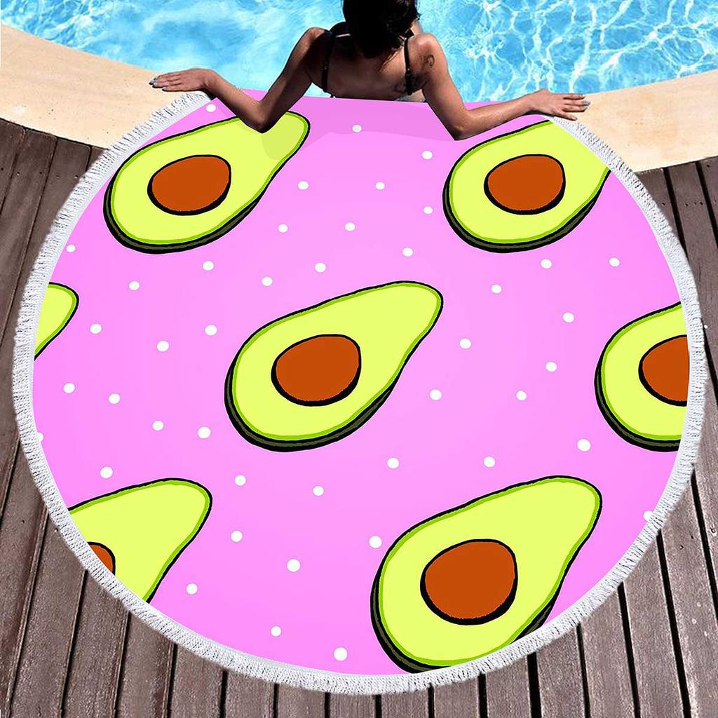 Tropical Fruit Avocado Round Beach Towel Microfiber Boho Round Hawaiian Beach Blanket Sand Proof Circle Swim Towel with Tassels