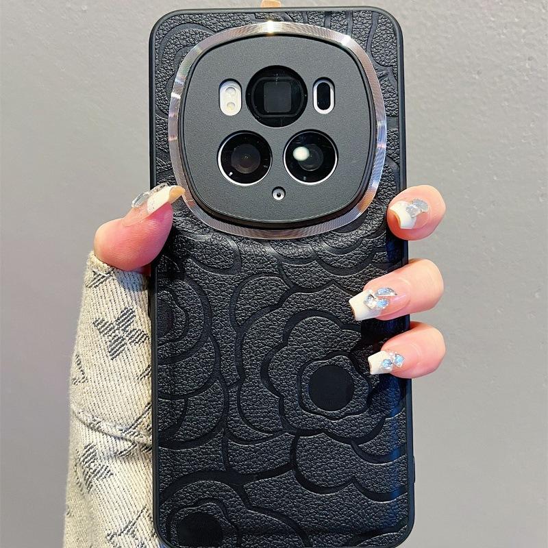 

Camellia Leather Pattern Suitable for Honor Magic6 Mobile Phone Case Small Fragrance Style Metal Lens Ring Mate60 Protective Case Hard Huawei-Nova9