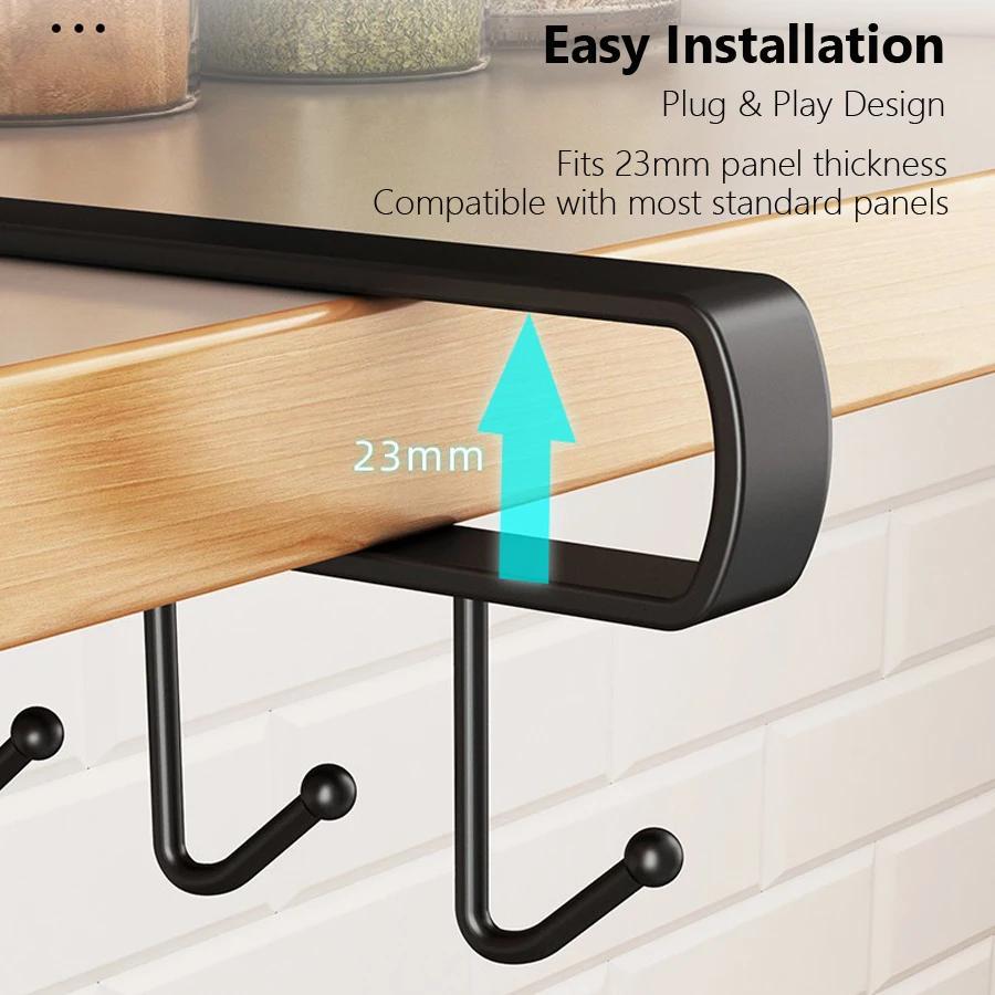 Kitchen Under Cabinet Hanging Hook Organizer Rack, No‑Drill Utensil Holder, Cabinet Shelf Hook for Mugs, Towels, Cooking Tools,