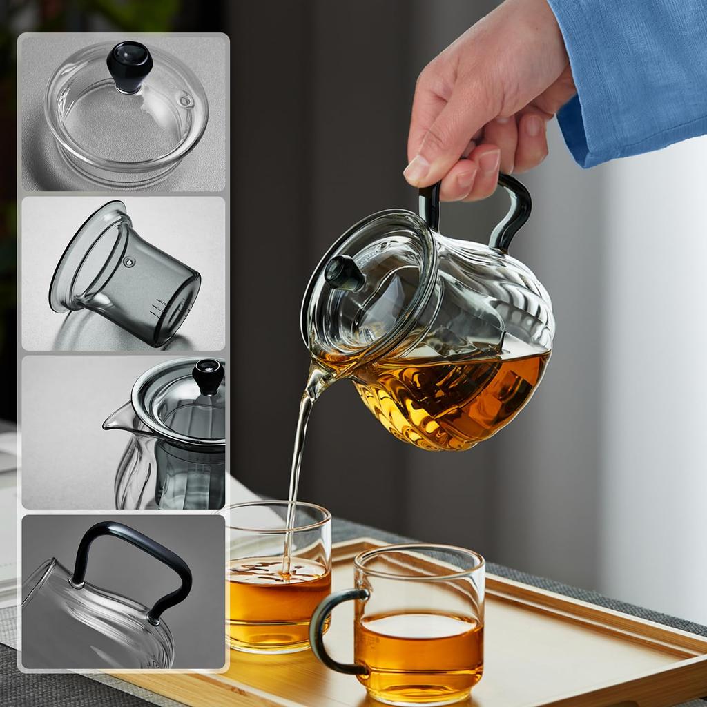 Pokaro Tea Teapot, Heat-Resistant Glass, 580ml, Stovetop-Safe, Vertical Stripes, Back-Handed Design, Stylish Glass Pot, Microwave-Safe, with Lid and
