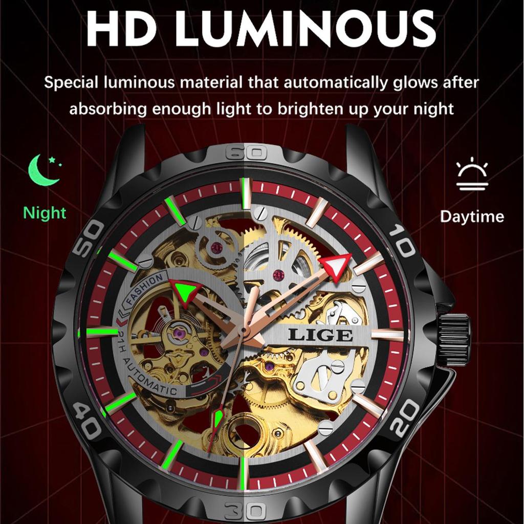 LIGE Top marca nova relógio mecânico criativo oco design pulseira de silicone masculino relógio mecânico esportes lazer nightlight à prova dwaterproof água relógio masculino