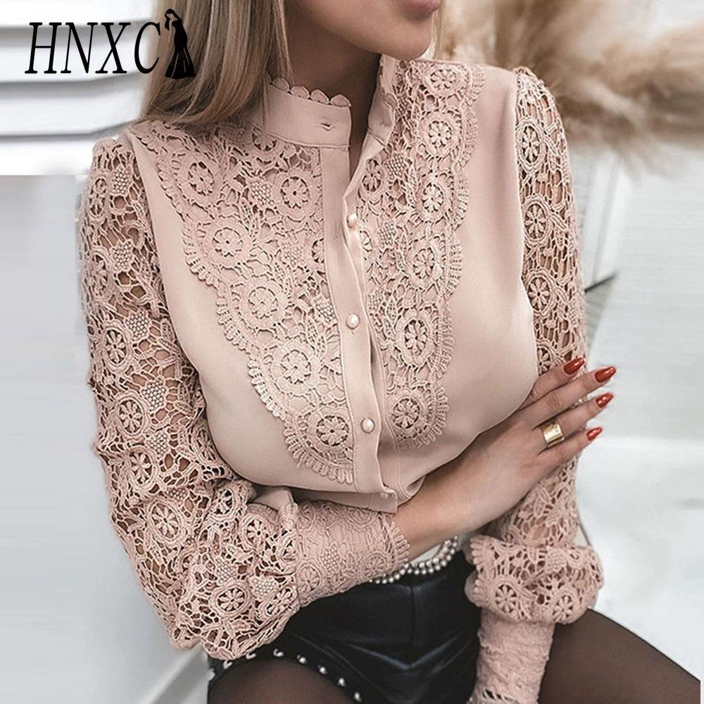 HNXC Women's Fashion Casual Solid Color Print Long Sleeve Blouses & Shirts