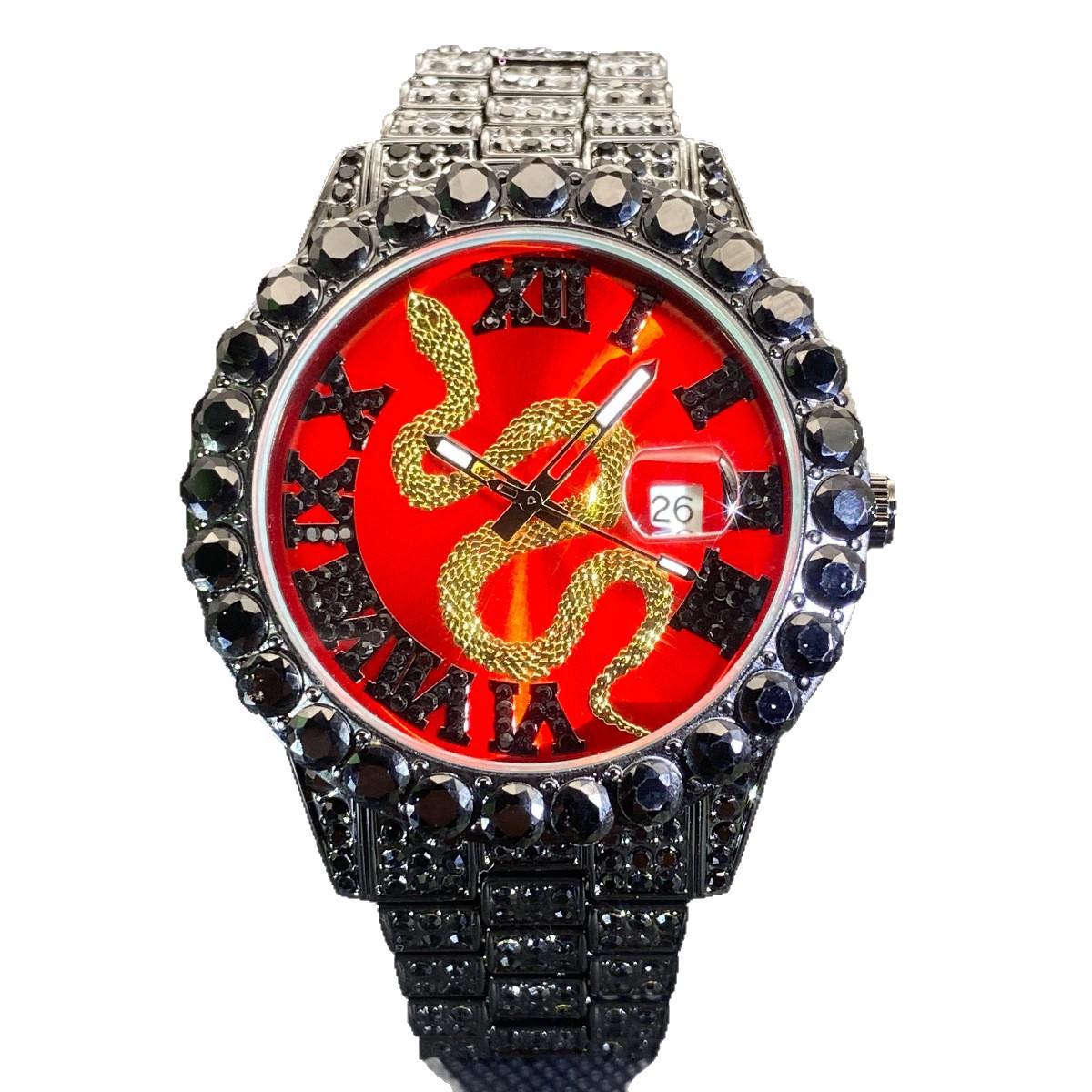 

Luxury Men s Gold Snake Dial Diamond Watch Iced Out Stainless Steel Quartz Wristwatch Date Luminous Hands Waterproof Hip Hop Watches чёрный