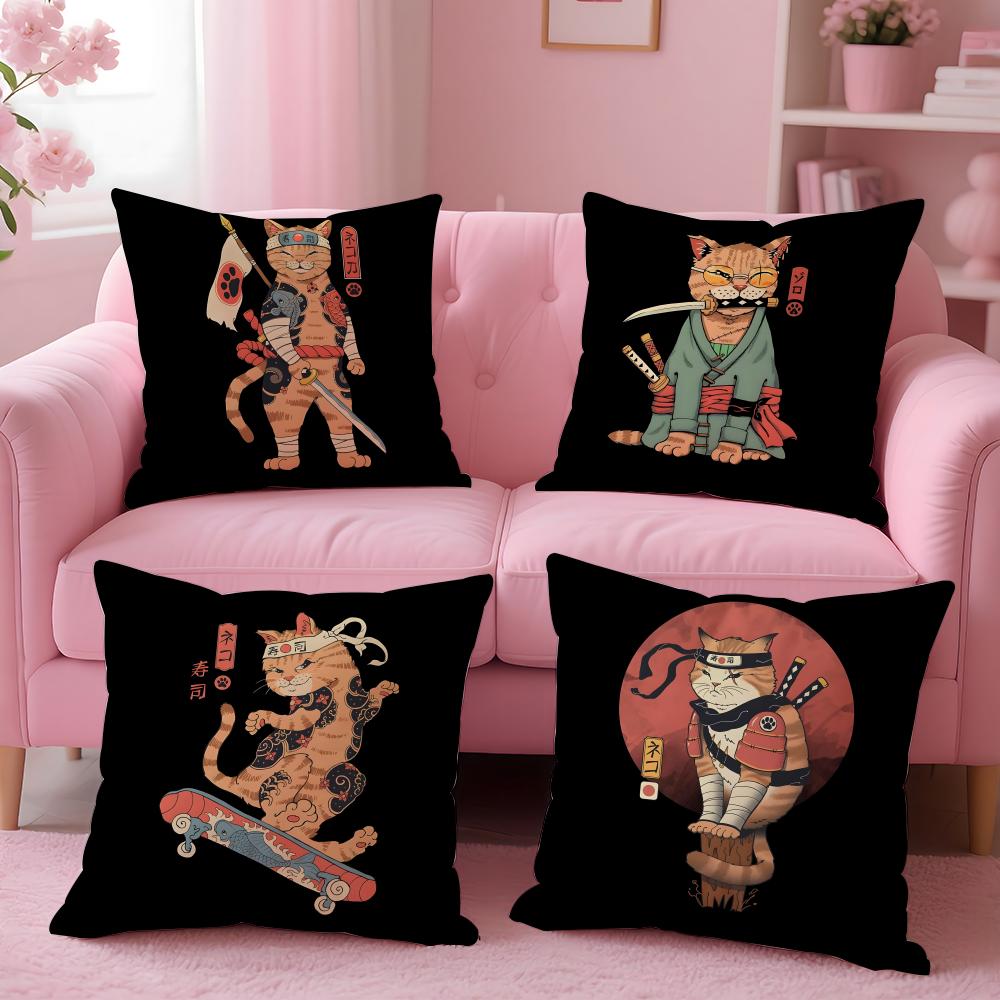 Japanese Style Samurai Cat Cushion Cover Plush Fabric Soft Double-Sided Printed Sofa Warm Winter Home Gift Pillow Cover