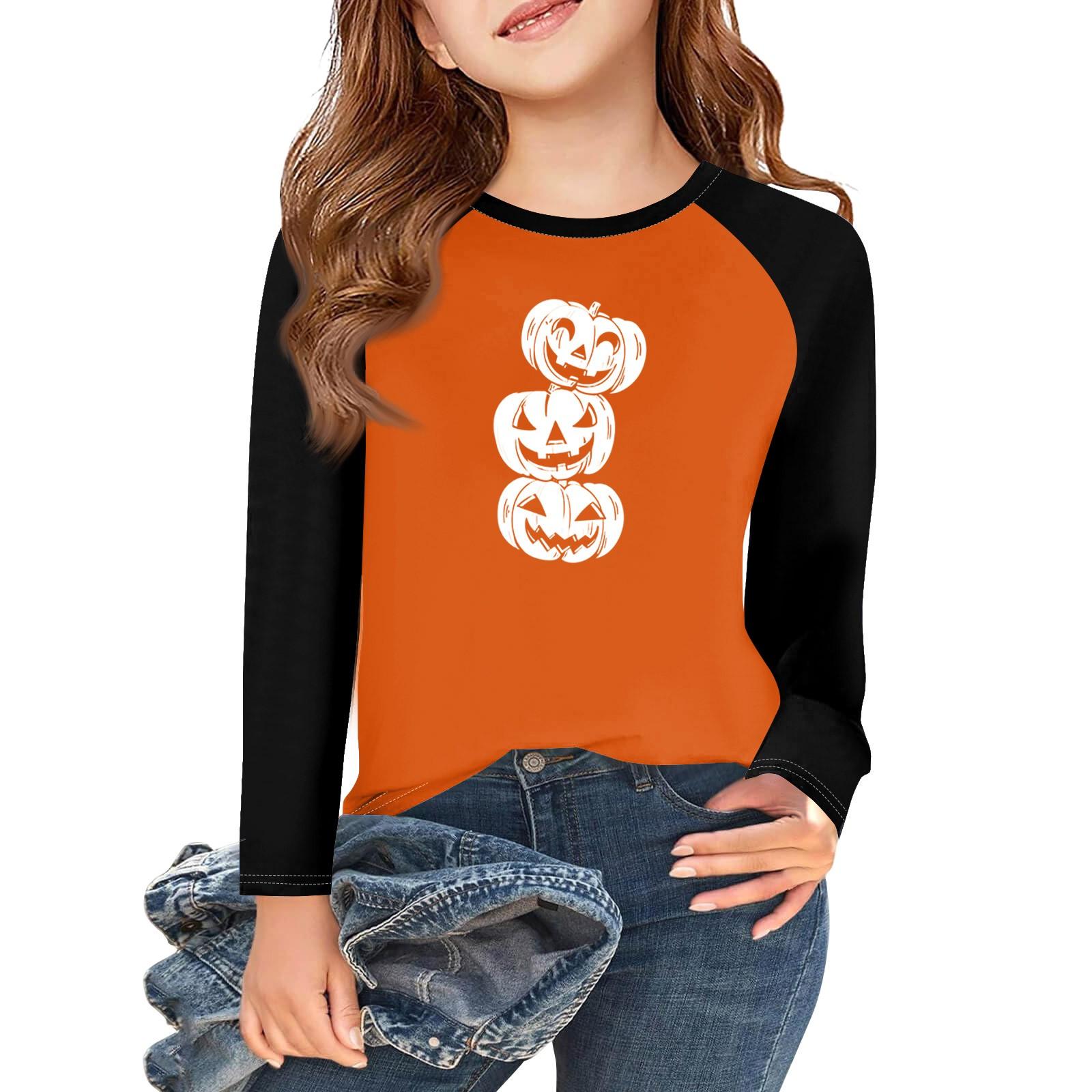 

Футболки с длинным рукавом для девочек на Хэллоуин, детские осенние топы с круглым вырезом, базовые футболки 5-14 лет 130