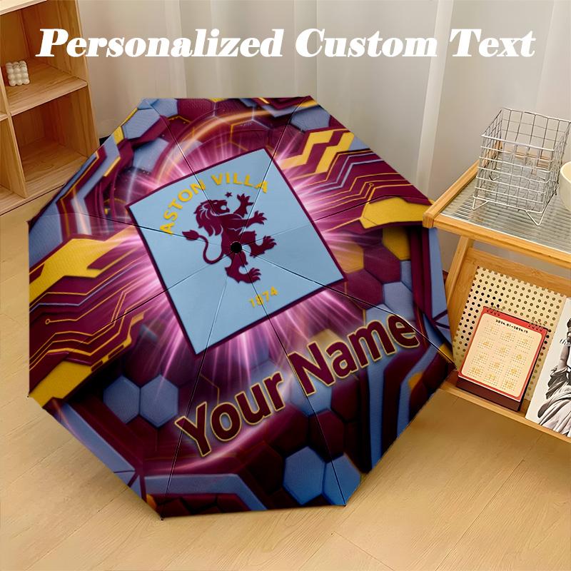 8 Rib Auto Folding Umbrella Aston Villa Print Custom Name Text Portable Rain Gear