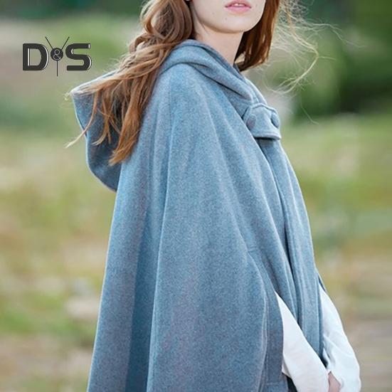 Winter Women Cape Coat with Hood Medieval Retro Cape Gothic Keep Warm Shawl Knee Length Loose Cloak Thick Single-Button Closure Outdoor Poncho Pirate