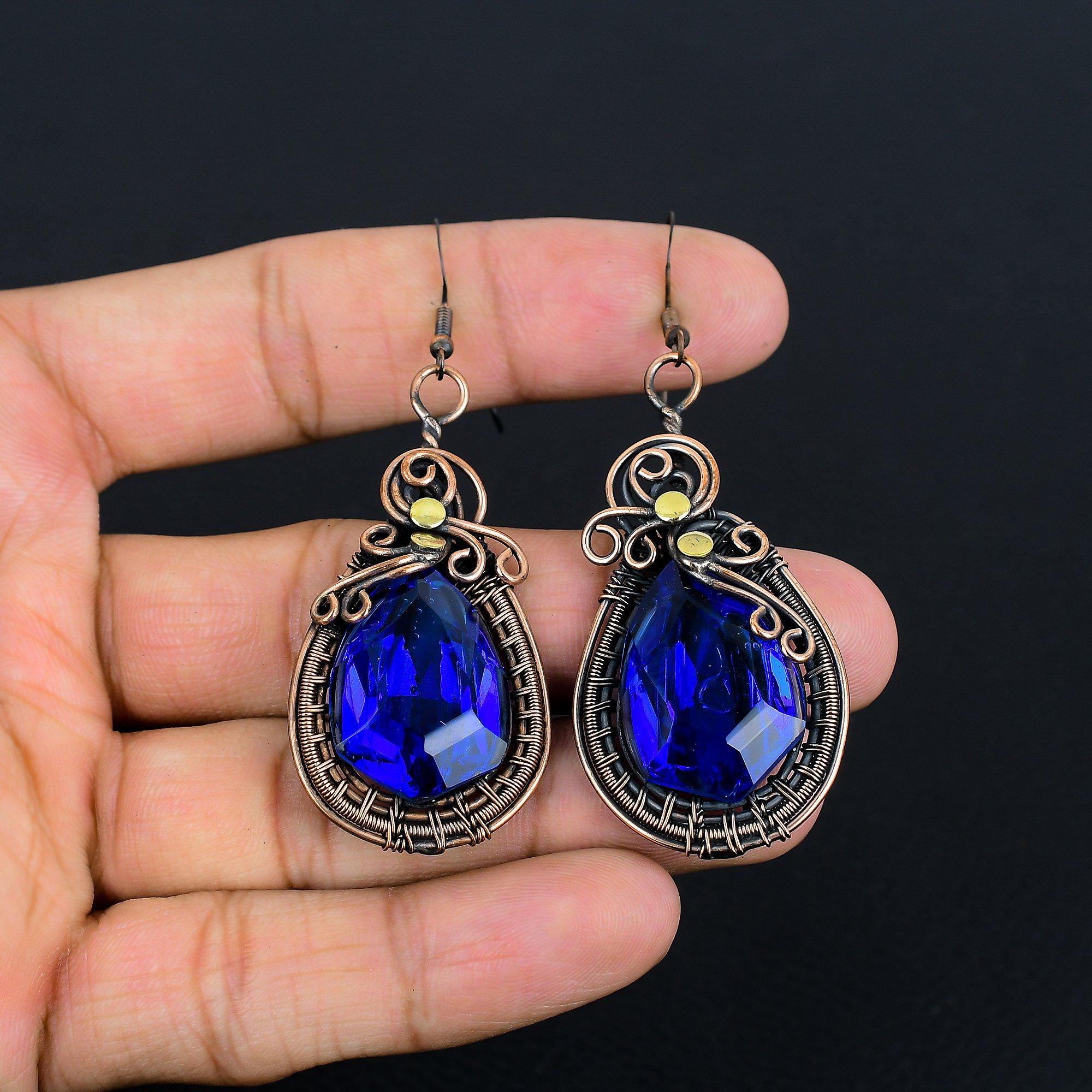 

Серьги с лондонским голубым топазом, обернутые медной проволокой 999 пробы, Ювелирные изделия с драгоценными камнями ручной работы, Подарки для жены, Совершенно новые серьги 2.58 Inches