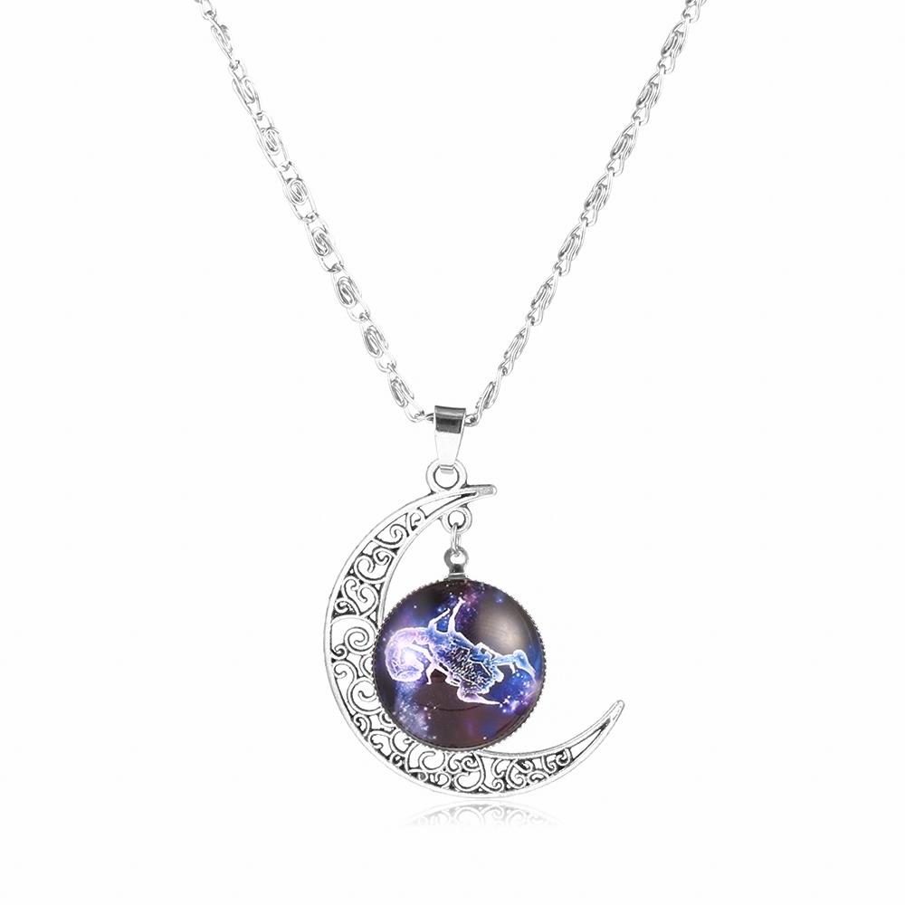 12 Zodiac Signs Glass Dome Crescent Moon Necklace for Women Aries Taurus Cancer Aquarius Pisces Necklace Fashion Party Jewelry