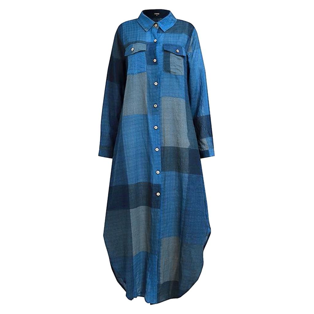 Fashion Womens Casual Loose Sexy Long Sleeve Pocket Button Shirt Print Dress