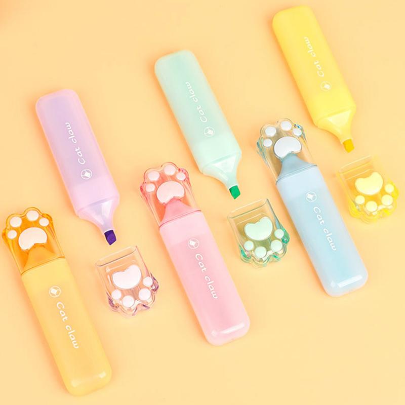 1/6Pcs Kawaii Cat Claw Pastel Color Highlighters Drawing Graffiti Art Markers Fluorescent Pen Cute Stationery School Supplies