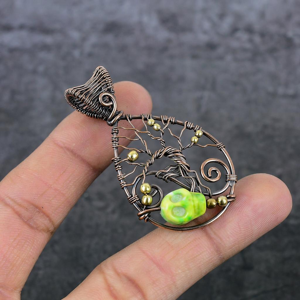 Naturlig Mosaik Jaspis Ädelsten Koppartråd Lindad Gåva Smycke Hänge 2,25" L7C65