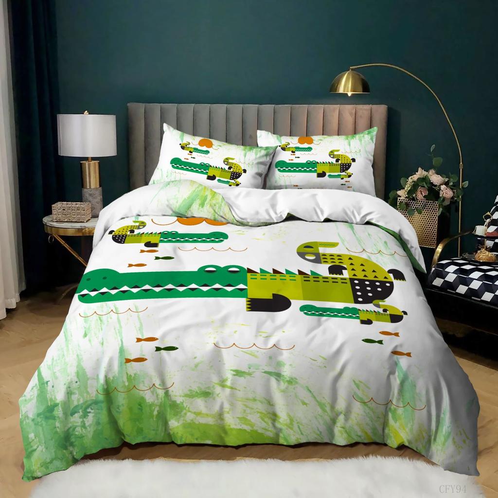 Grünes Cartoon Bettwäsche-Set Niedliches Alligator Bettwäsche-Set für Kinder Junge Mädchen 3-teilig Krokodil Tier Queen/King Size Bettbezug