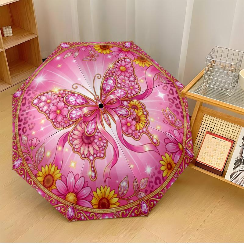 

Pink Butterfly (4) Printed umbrella windproof folding umbrella portable sun and rain umbrella suitable for gifting