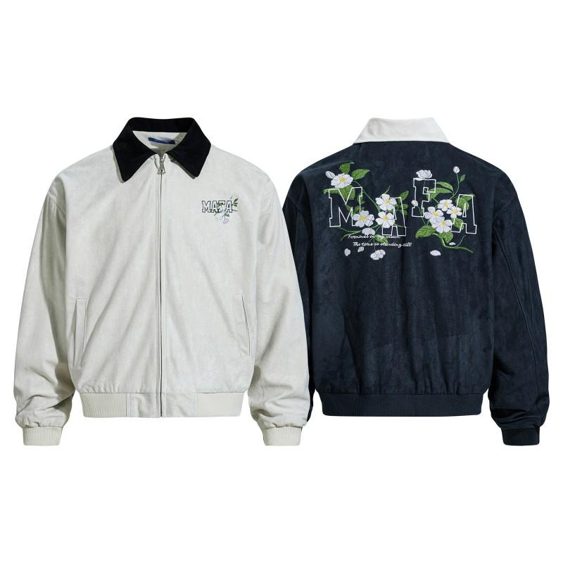 Unisex Oversized Suede Jacket With Contrast Floral Embroidery Casual Winter Outerwear