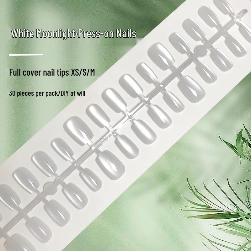 

White Moonlight Cat Eye Wearable Nails: Advanced Cold Tone Solid Color Nail Art Strips [30 Pieces]