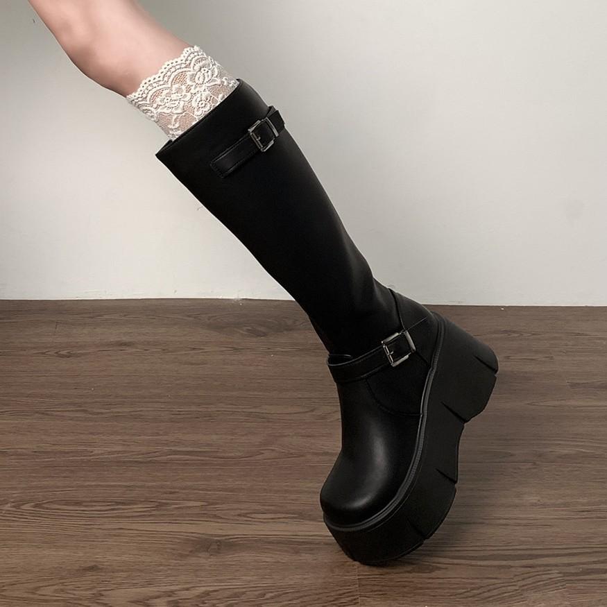 Retro French black platform boots women's 2025 new summer small fat mm thin and heightened knight boots