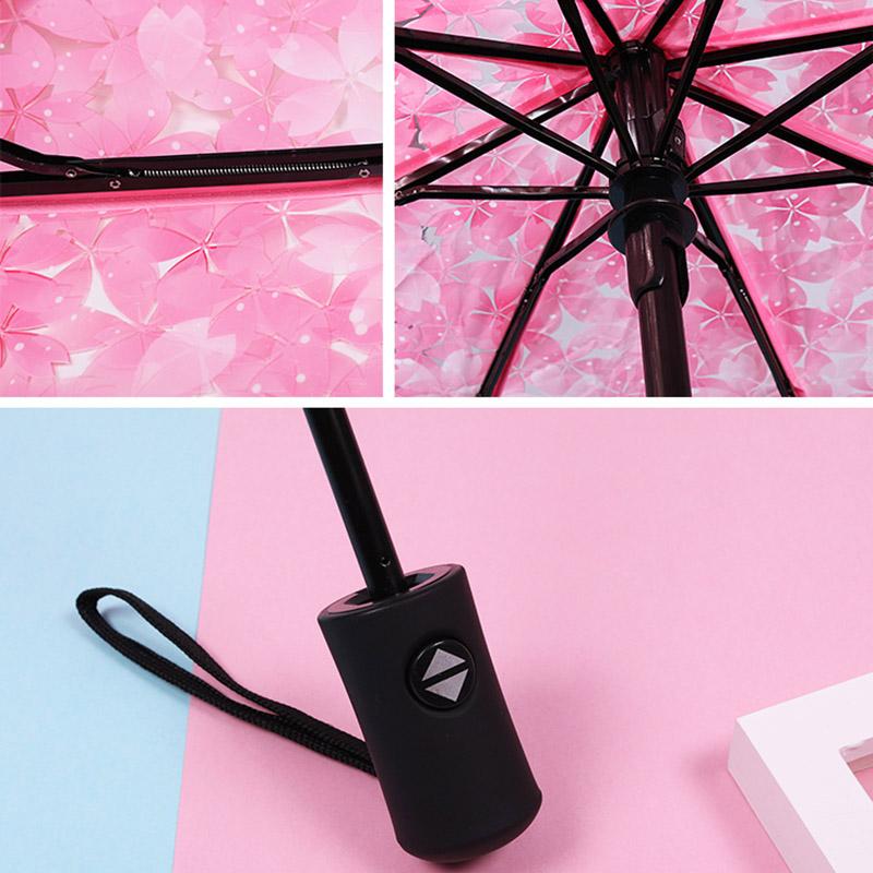 Paraguas plegable automático transparente con 8 varillas, paraguas de flores de cerezo, paraguas portátil para lluvia y sol, paraguas compacto para lluvia para mujer