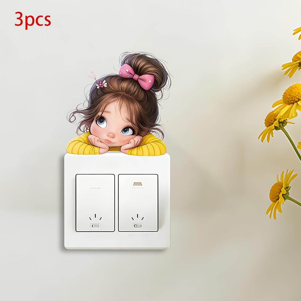 3Pcs Cartoon Girl Switch Stickers, Self-Adhesive PVC Wall Decals for Home & Office Decor