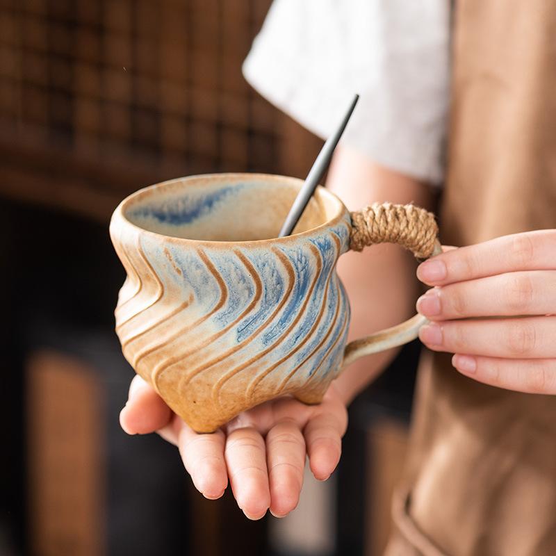 Vintage Gradient Irregular Thread Ceramic Mug Vintage Tie Coffee Cup Birthday Gift Breakfast Oat Milk Cup Office Mug Home Decor