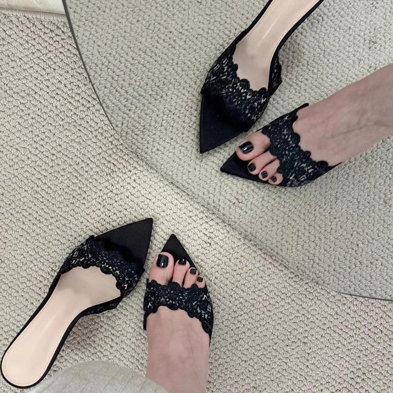 French Champagne Lace High-Heeled Slippers Women'S Spring Versatile Stiff Heels Socialite Niche Pointed Toe One-Word Sandals