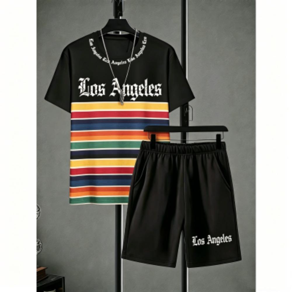 Fashion Men s Set Letter Stripe Printed Men s T-shirt and Shorts 2 Piece Set Summer Casual Outdoor Men s and Women s T-shirt Sets XXS