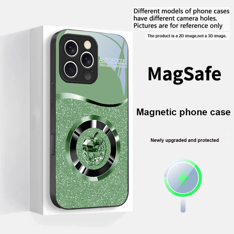 Crystal Purple Apple For iPhone 16 E 15 14 13 Plus 12 mini 11 Pro Max XR Xs Max 16E X 7 8 Plus 2022 Magsafe Glass Phone Case