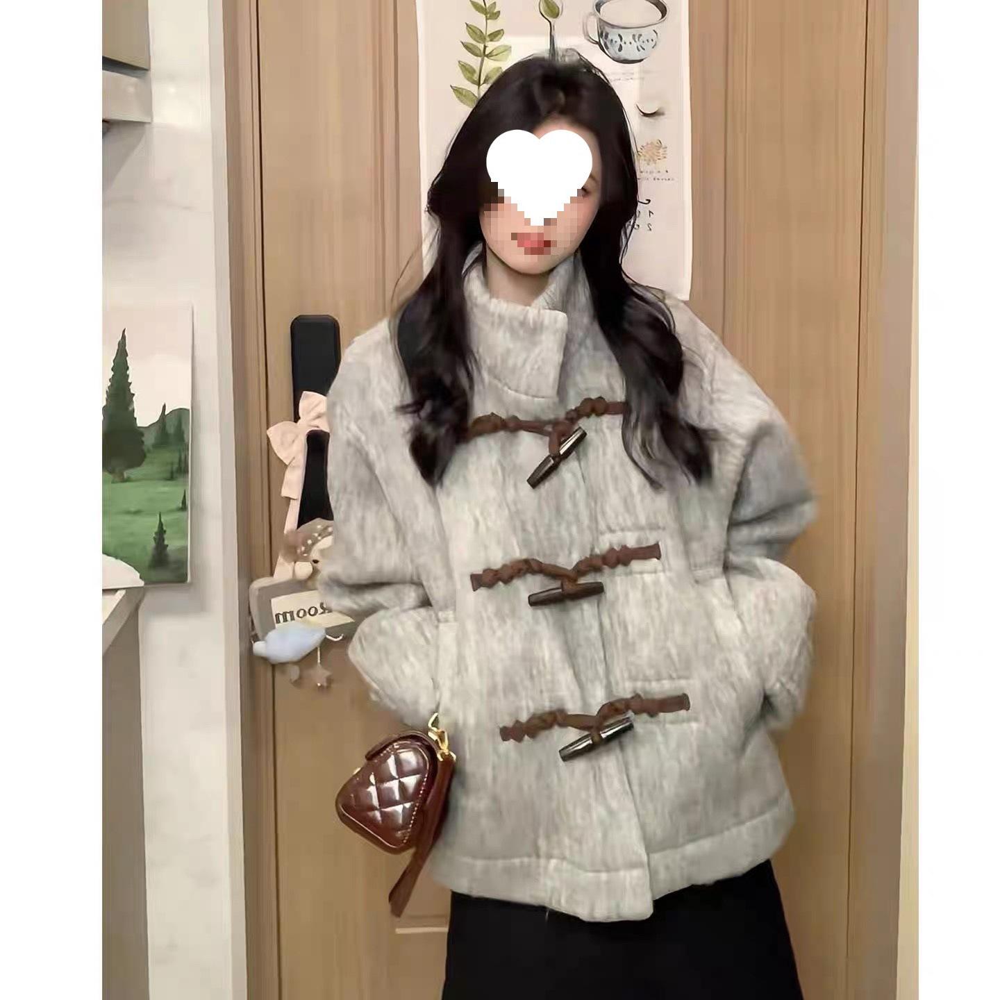 

Women s 2025 Petite Hepburn-Style Grey Horn Button Wool Coat with Stand Collar Large серый