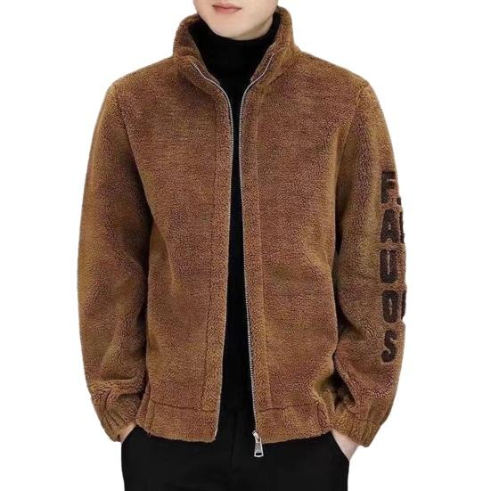Autumn Winter Men Jacket Stand Collar Zipper Placket Plush Cardigan Coat Solid Color Long Sleeve Lamb Wool Coat Windproof Warm Casual Outwear