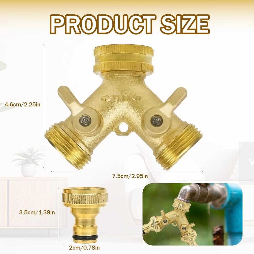 2 Way Brass Garden Tap Splitter, Double Way 3/4" Garden Hose Splitter Y Valve with Quick Individual On/Off Splitter Connector for Outdoor