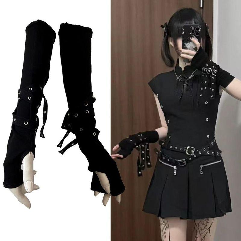 Scaldamani Gotico a Mezza Dita Stile Harajuku Nero Freddo Unisex Polsino Guanti Punk Design con Fibbia Manica Parasole Streetwear