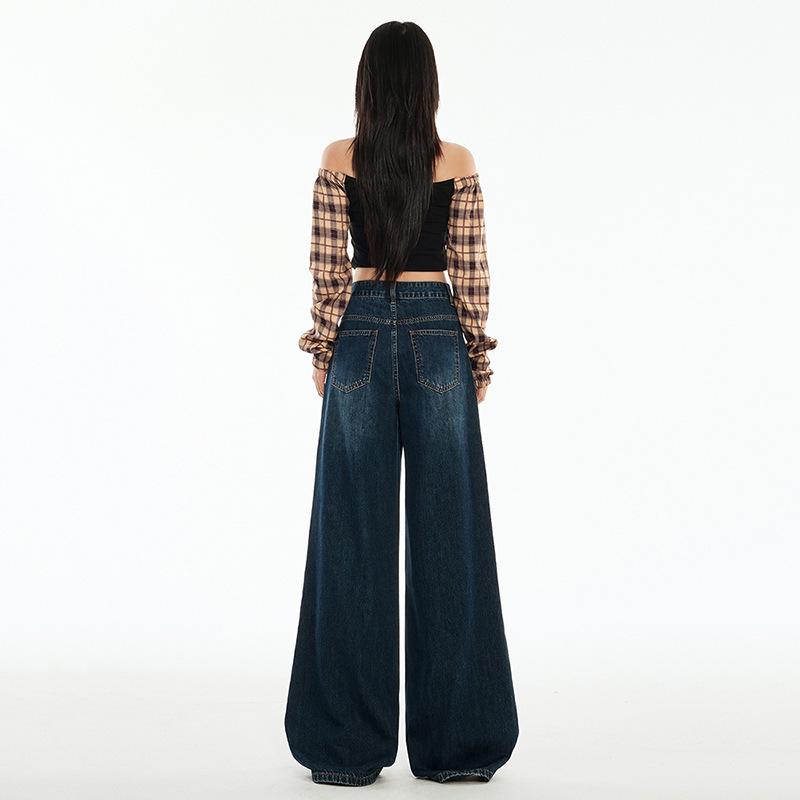 Women's Autumn High-Waisted Hong Kong Style Floor-Sweeping Loose Jeans