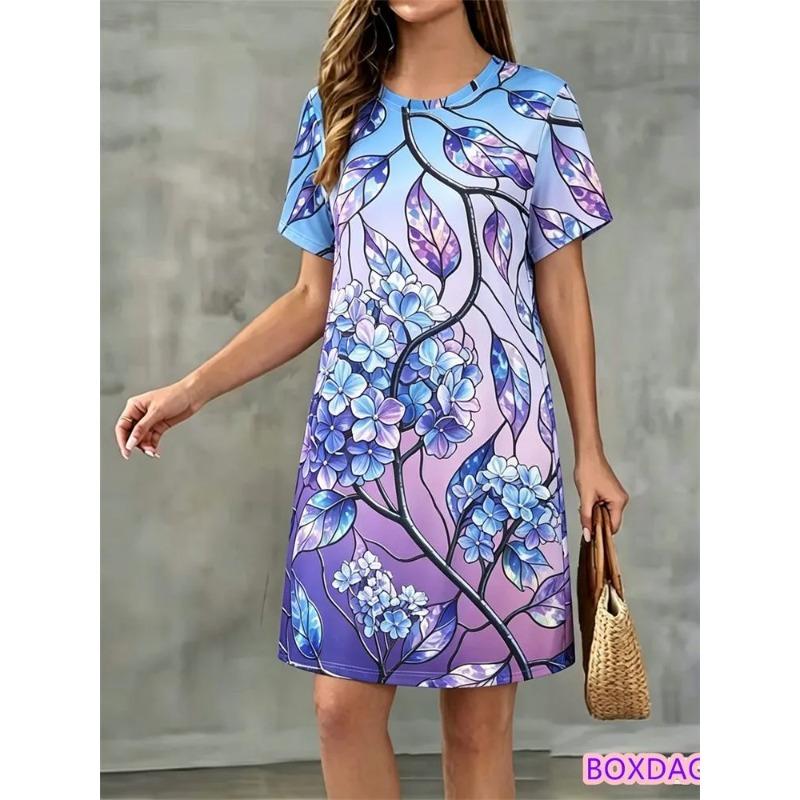 Summer Ladies 3D Printed Short Sleeve Dress Fashion Versatile Breathable Trend Casual