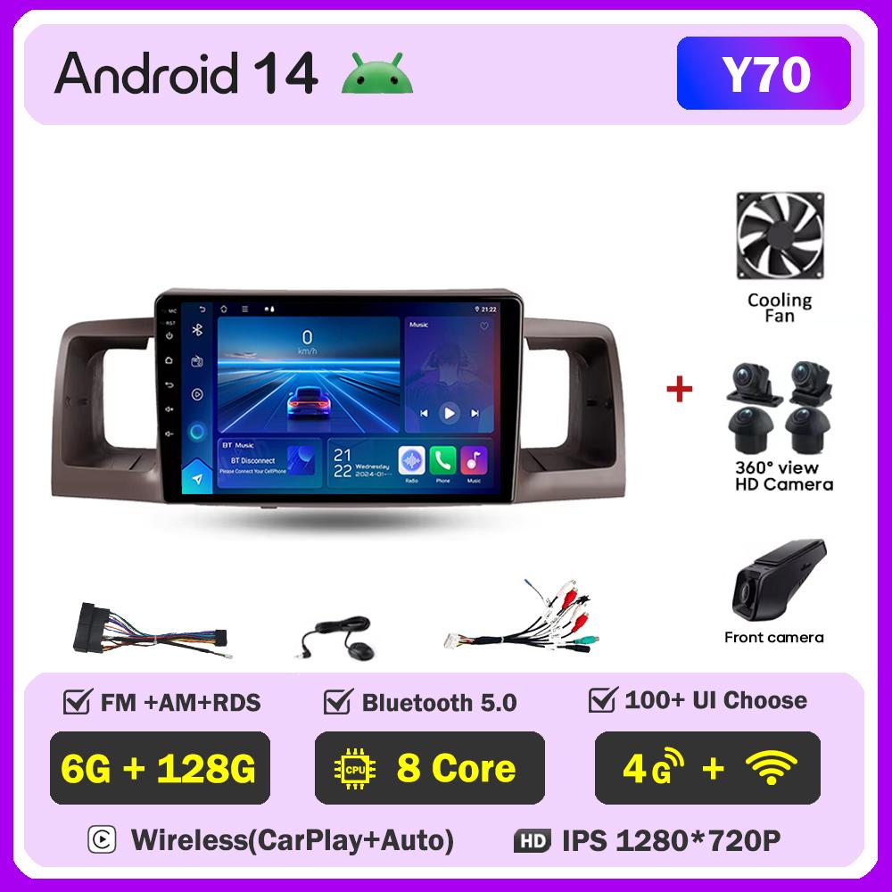 Android 14 For Toyota Corolla E130 E120 2000-2004 Car Multimedia Video Player Carplay Screen Intelligent Systems GPS Navigation