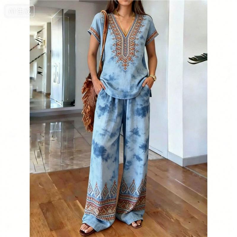 Bohemian vintage gradient stripe set, women's loose V-neck top with wide-leg pants, vacation-style casual two-piece set