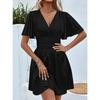 QICED Fashion Summer Spring Solid Color Print Short Sleeve V-Neck Casual Dresses
