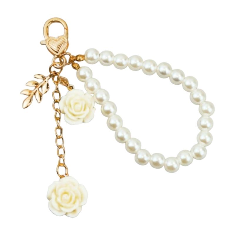Unique Resin Flower and Pearls Chain Keychain Mobile Phone Pendant Stylish Key Accessory Elegant Bag Charm for Women