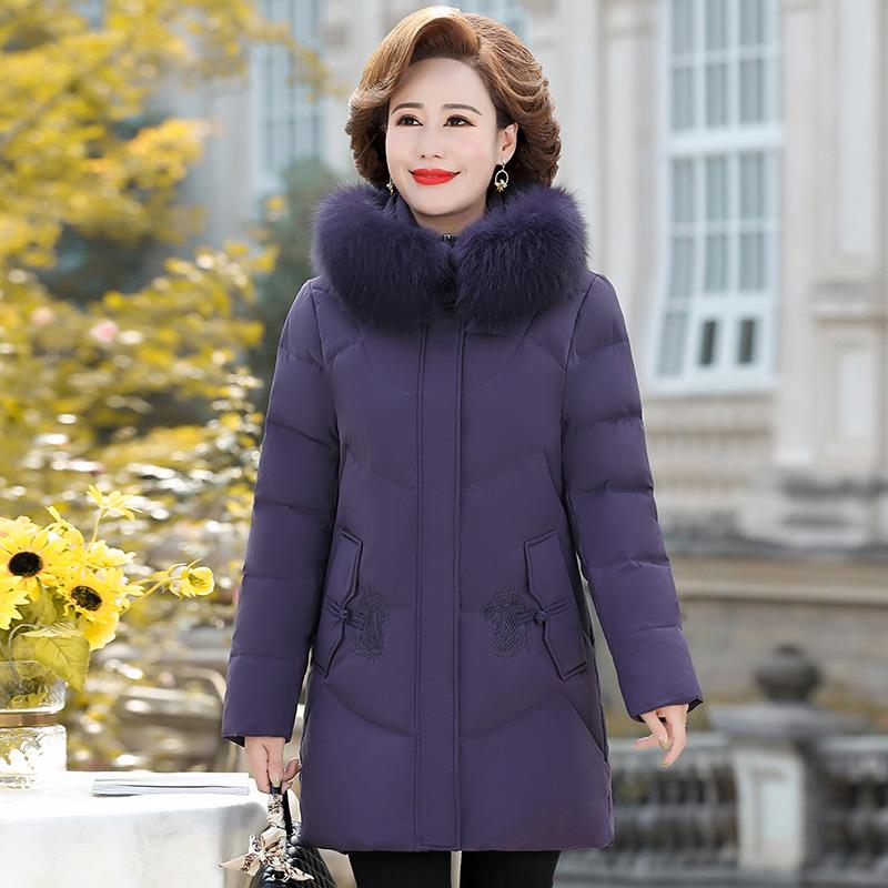 Dámská extra silná odepínací péřová bunda - Teplé zimní svrchní oblečení pro mámy středního věku, Dostupné ve větších velikostech, Peří z bílé kachny.