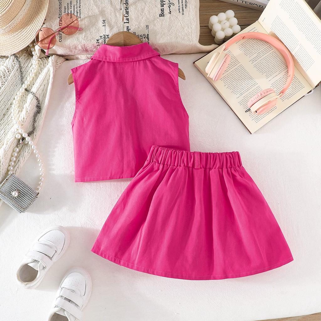 Girls' Fashion Set: Summer Solid-Color Sleeveless Denim Top and Pleated Skirt Two-Piece Set