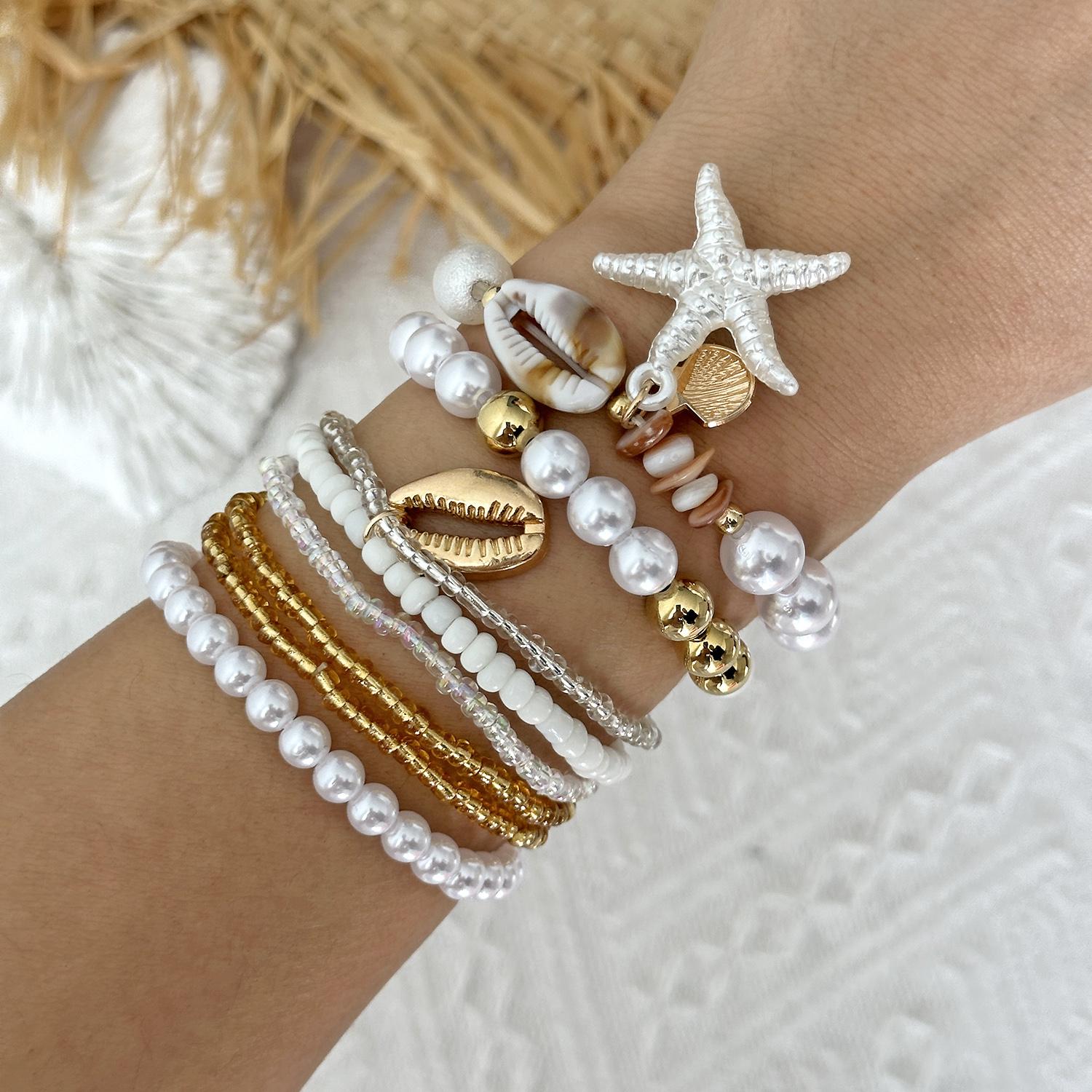 

Stackable Starfish Shell Elastic Bracelet Set for Women Dainty Imitation Pearl Beaded Bracelet Vacation Party Jewelry Gift