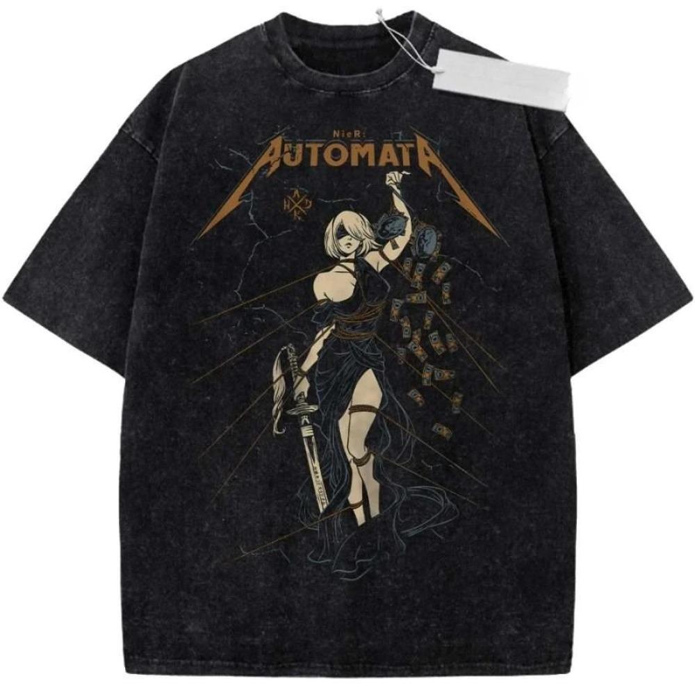 

NieR Automata 2B YoRHa No.2 Type B Винтажний праний Аніме Футболка Ігровий Персонаж Графіка Чорна Оверсайз Унісекс Вуличний одяг Футболка L
