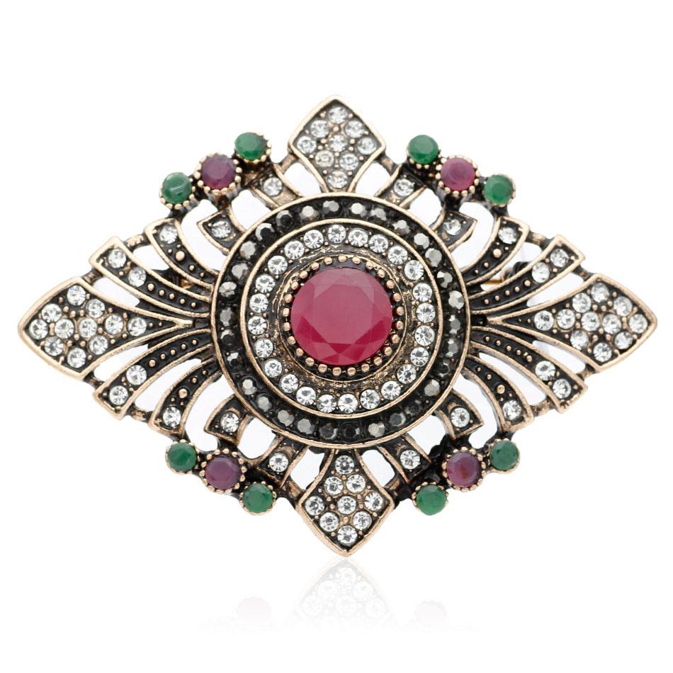 

Винтажная женская брошь антикварного золотого цвета, богемная брошь, украшенная драгоценностями, цветочная булавка для шарфа красный