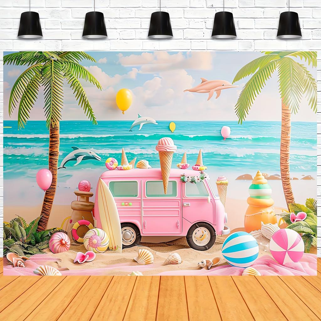 1 Ice Cream Shop Summer Background Banner, Tropical Hawaiian Beach Ocean Theme, Surfboard Ocean Aloha Party Decoration
