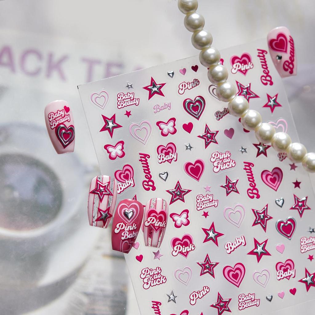 Tomoni Embossed Pink Heart Nail Stickers - Sweet DIY Hot Girl Auxiliary Nail Art