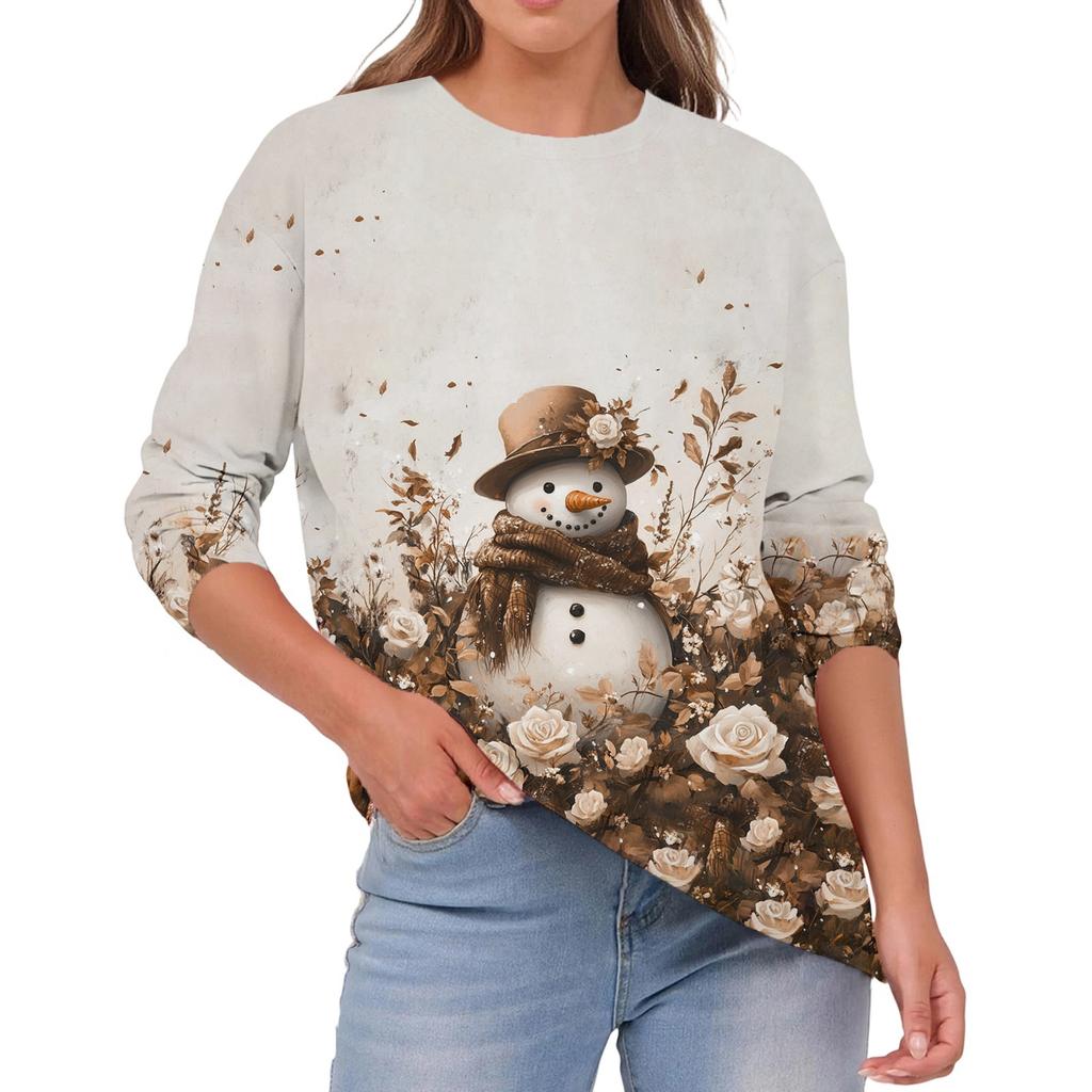 Women's Fashion Casual Christmas Print Round Neck Solid Color Long Sleeve Top