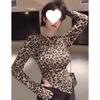 Leopard Print Irregular Long Sleeve Slimming Top for Women