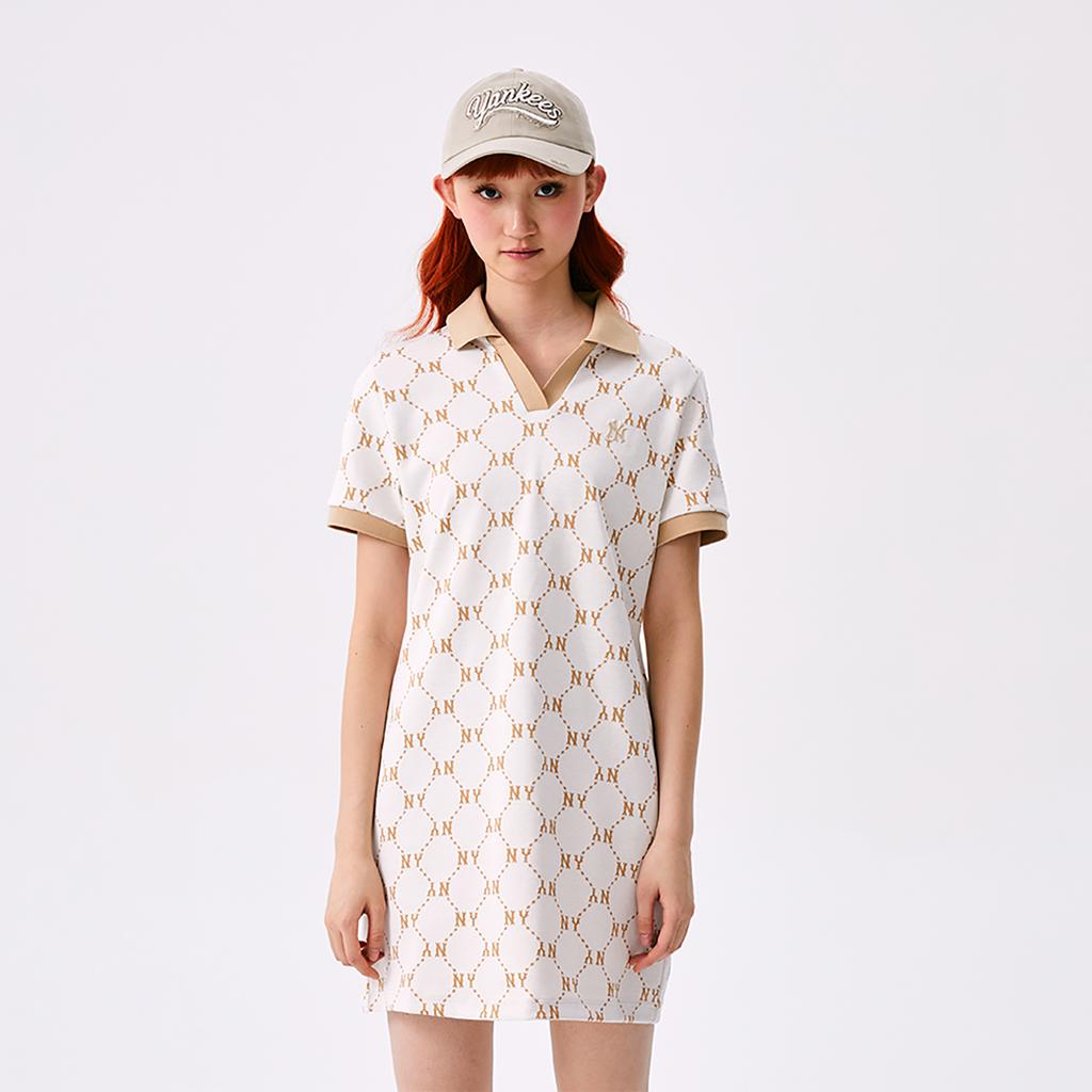 New MLB MONOGRAM Collection New York Yankees SS25 Short Sleeved Dress Women's Ivory White 3FOPM0453-50IVS
