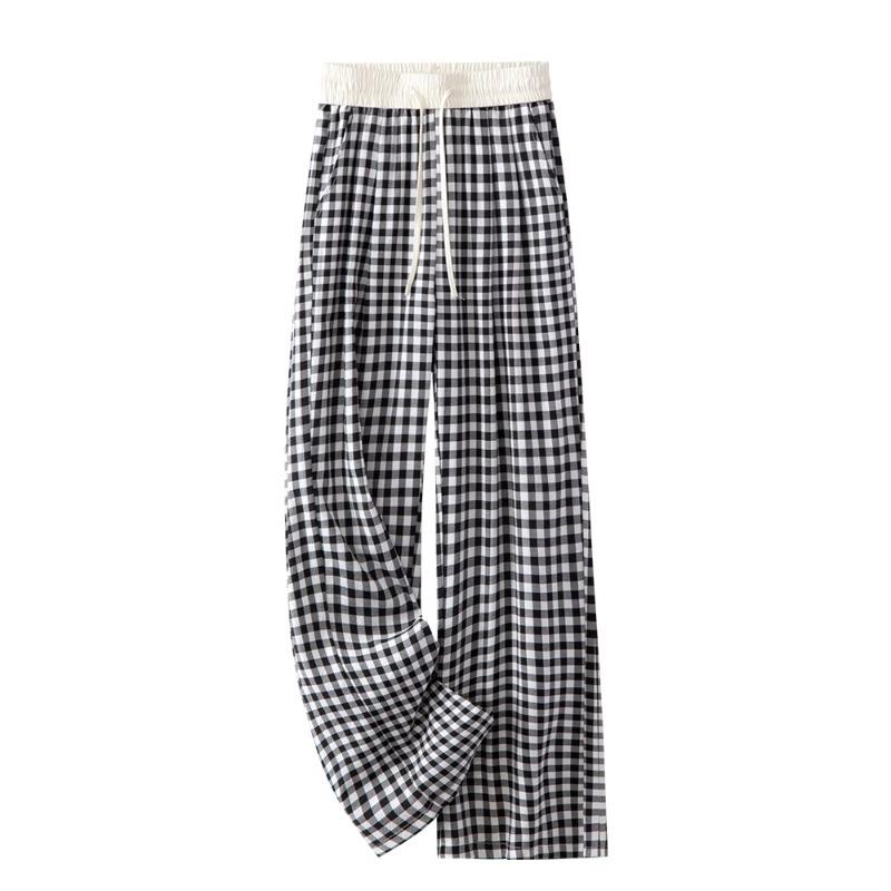 Women's 2025 Spring/Autumn Plaid Wide-Leg Drape Pants - Color Block, Elastic Waist, Versatile Straight-Leg Style.