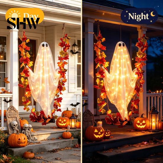 Geheimnisvolle Feiertagsfensterdekorationen Schwingender Geist Außen Dekoration, Große Halloween Hänge mit Ahornblatt Spukbaum Schmuck Ranken Lichter